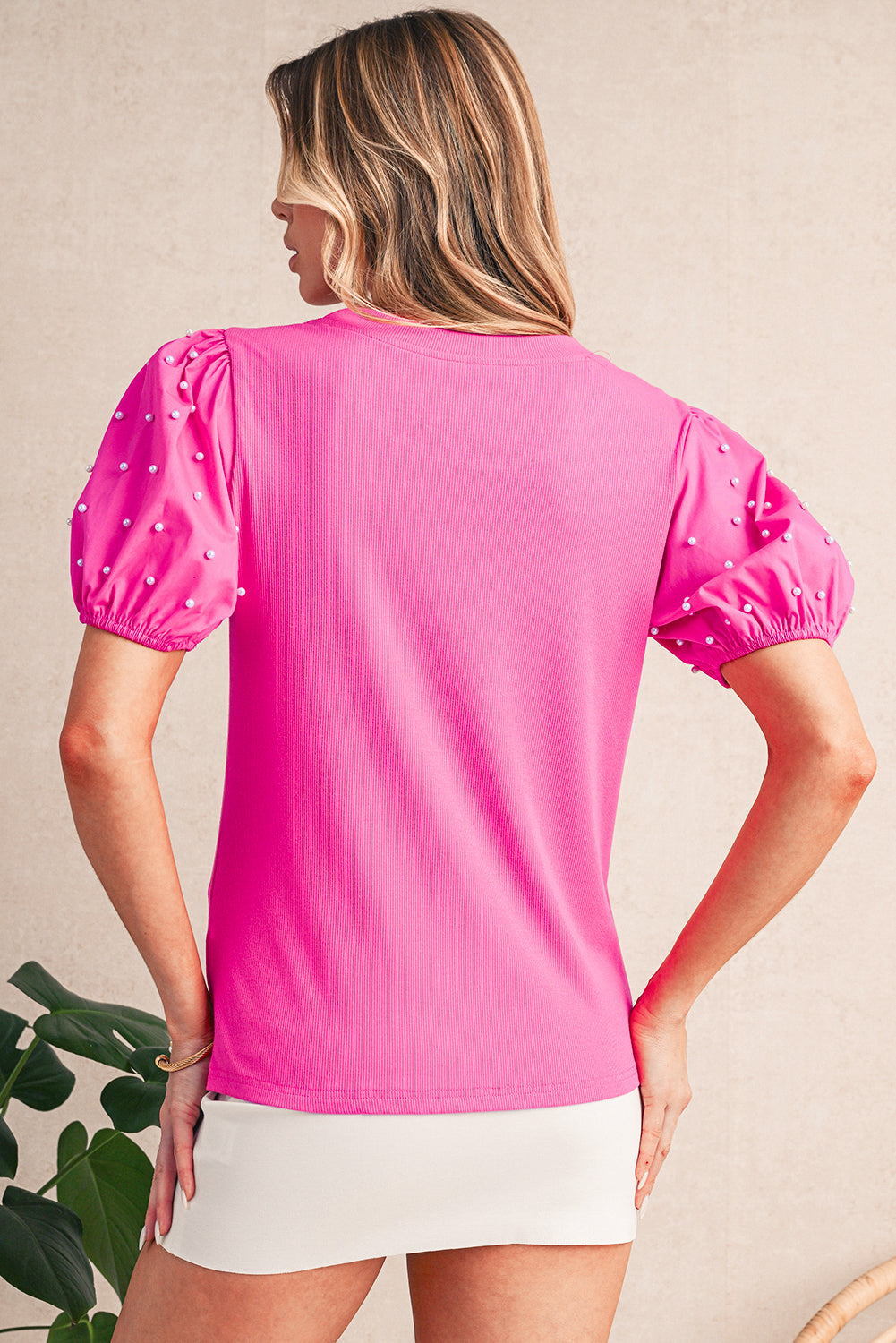 Bright Pink Pearl Beaded Puff Sleeve Ribbed Top