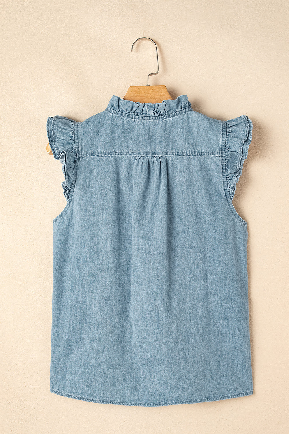 Beau Blue Ruffle V Neck Chambray Sleeveless Shirt