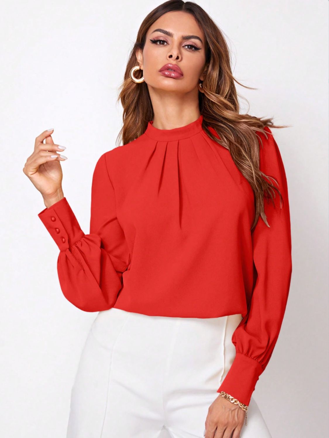 Ruched Mock Neck Long Sleeve Blouse | Elegant & Stylish Statement Piece