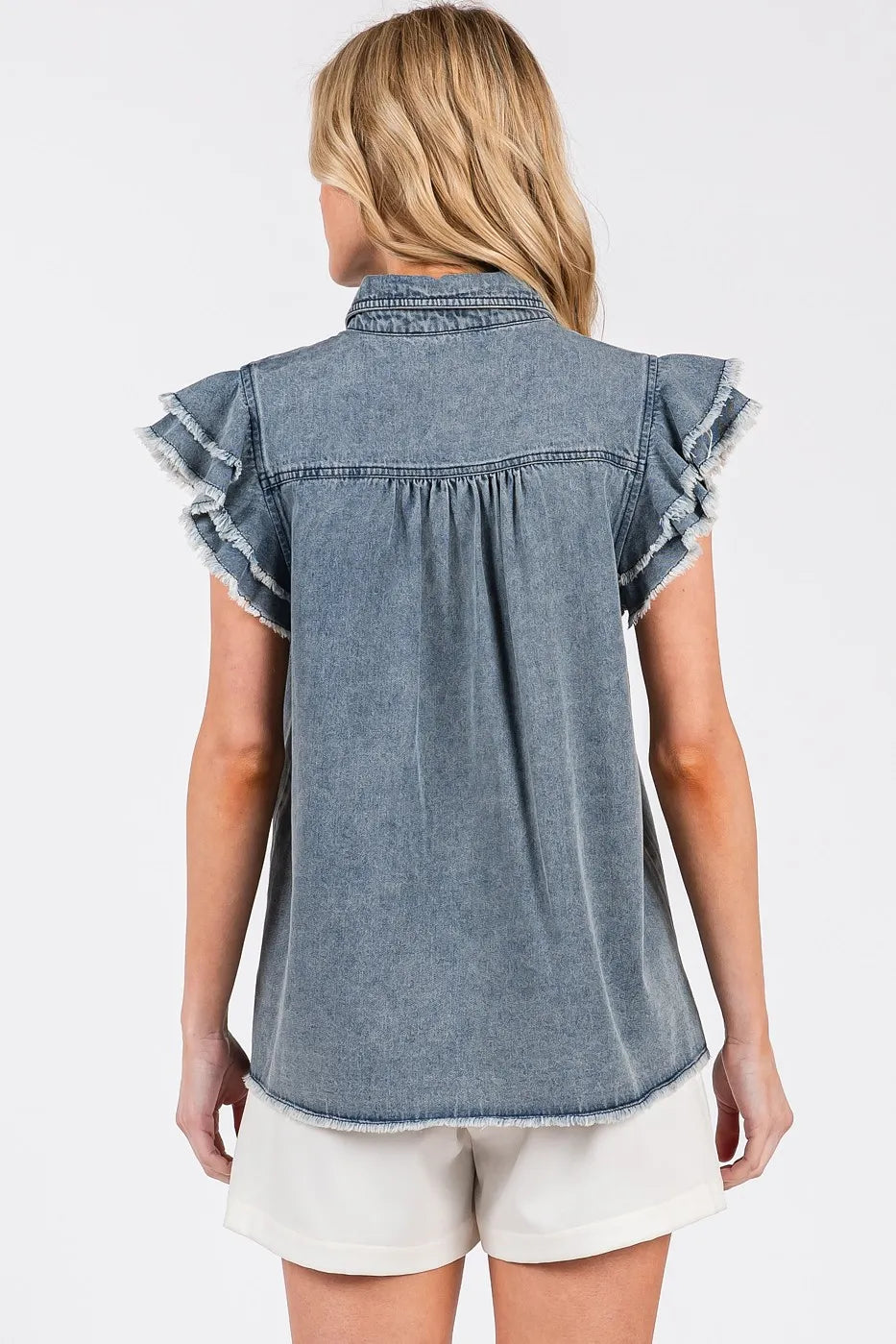 Mittoshop Washed Denim Ruffle Short Sleeve Collared Shirt