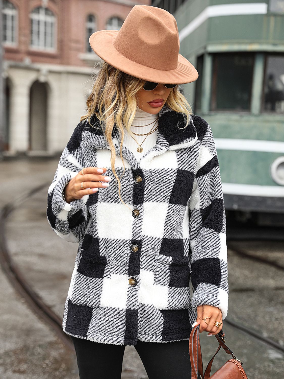 Plaid Collared Neck Button-Down Jacket | Trendy & Cozy Outerwear