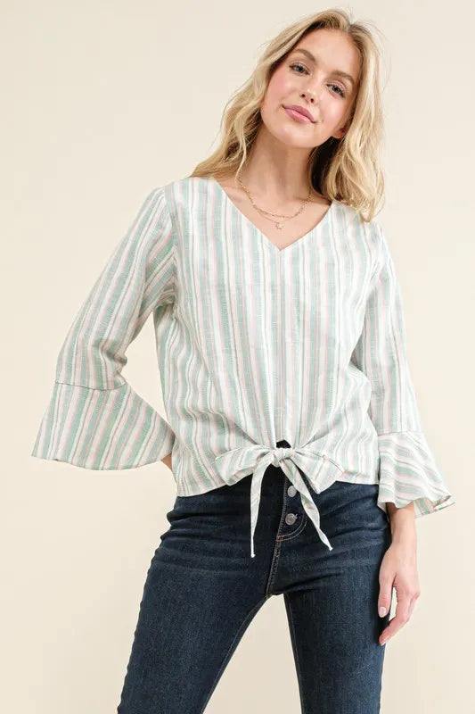 And The Why Stripe Tie Knot Front Bell Sleeve Top