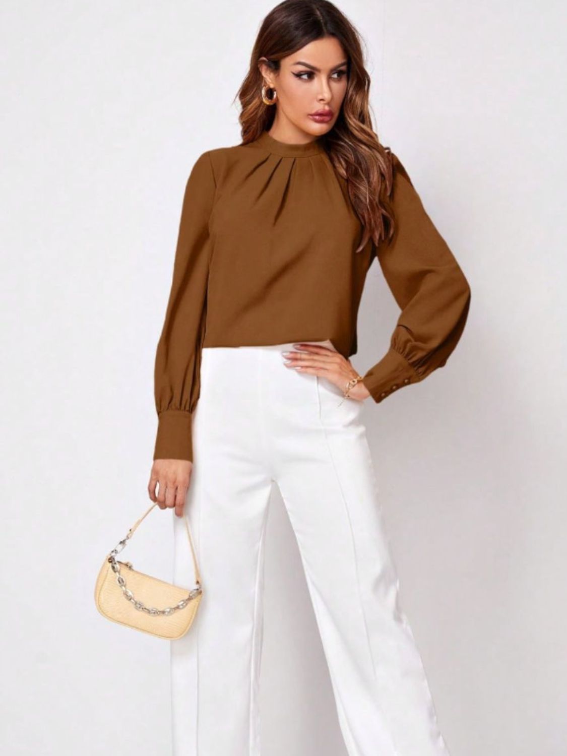 Ruched Mock Neck Long Sleeve Blouse | Elegant & Stylish Statement Piece