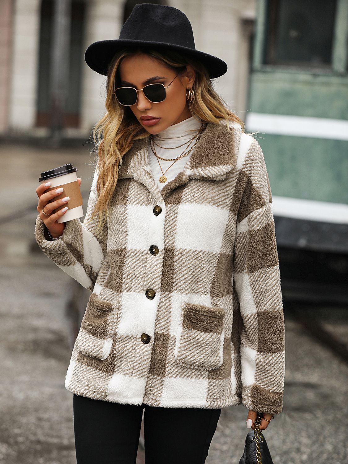 Plaid Collared Neck Button-Down Jacket | Trendy & Cozy Outerwear
