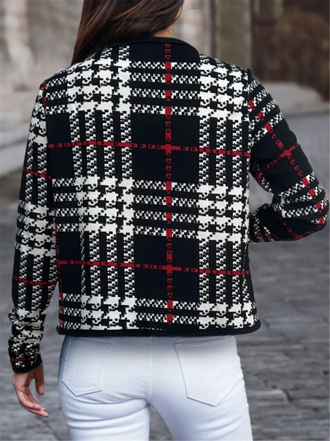 Plaid Open Front Long Sleeve Jacket | Classic & Cozy Outerwear