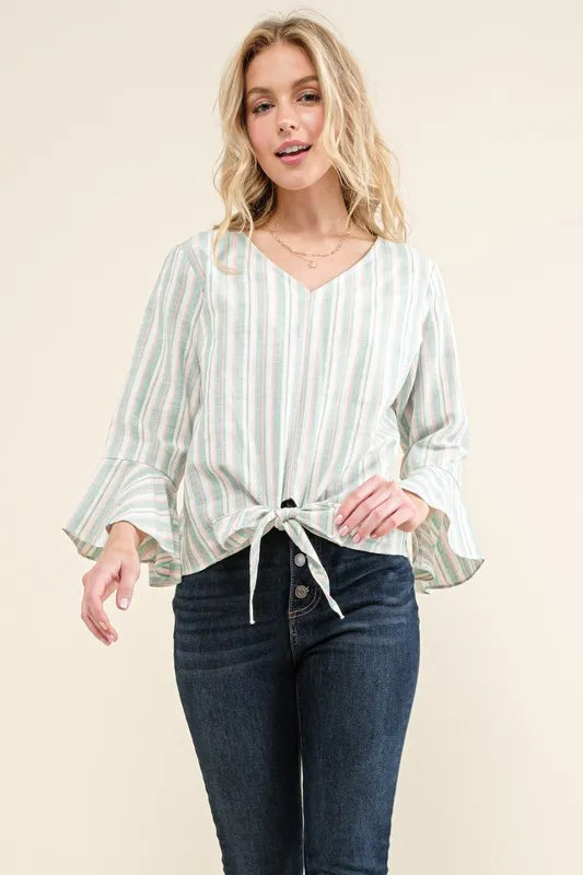 And The Why Stripe Tie Knot Front Bell Sleeve Top
