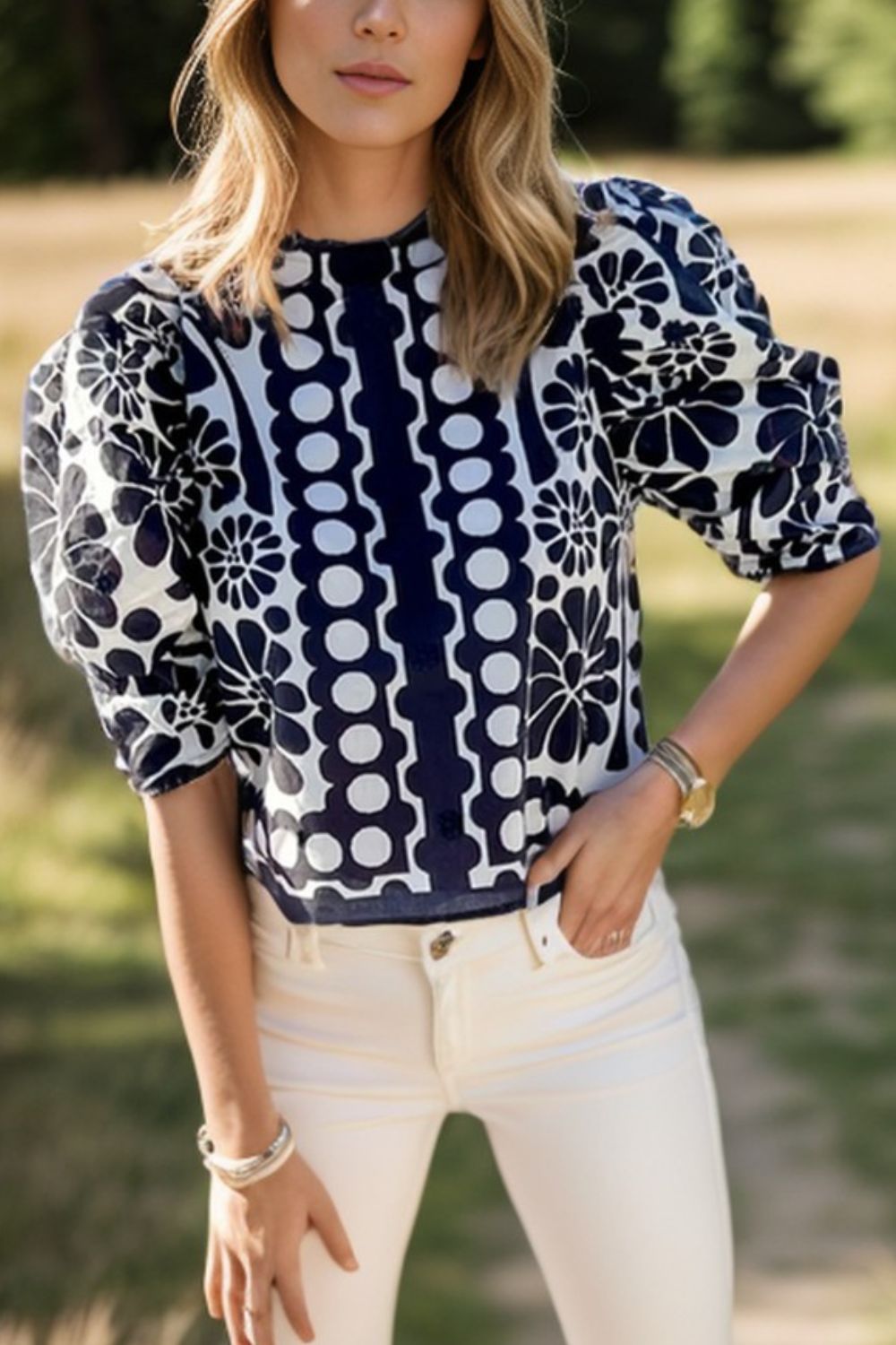Printed Round Neck Half Sleeve Blouse | Stylish & Versatile
