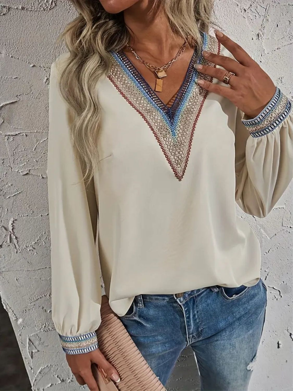 Contrast V-Neck Long Sleeve Blouse | Elegant & Chic Office Wear