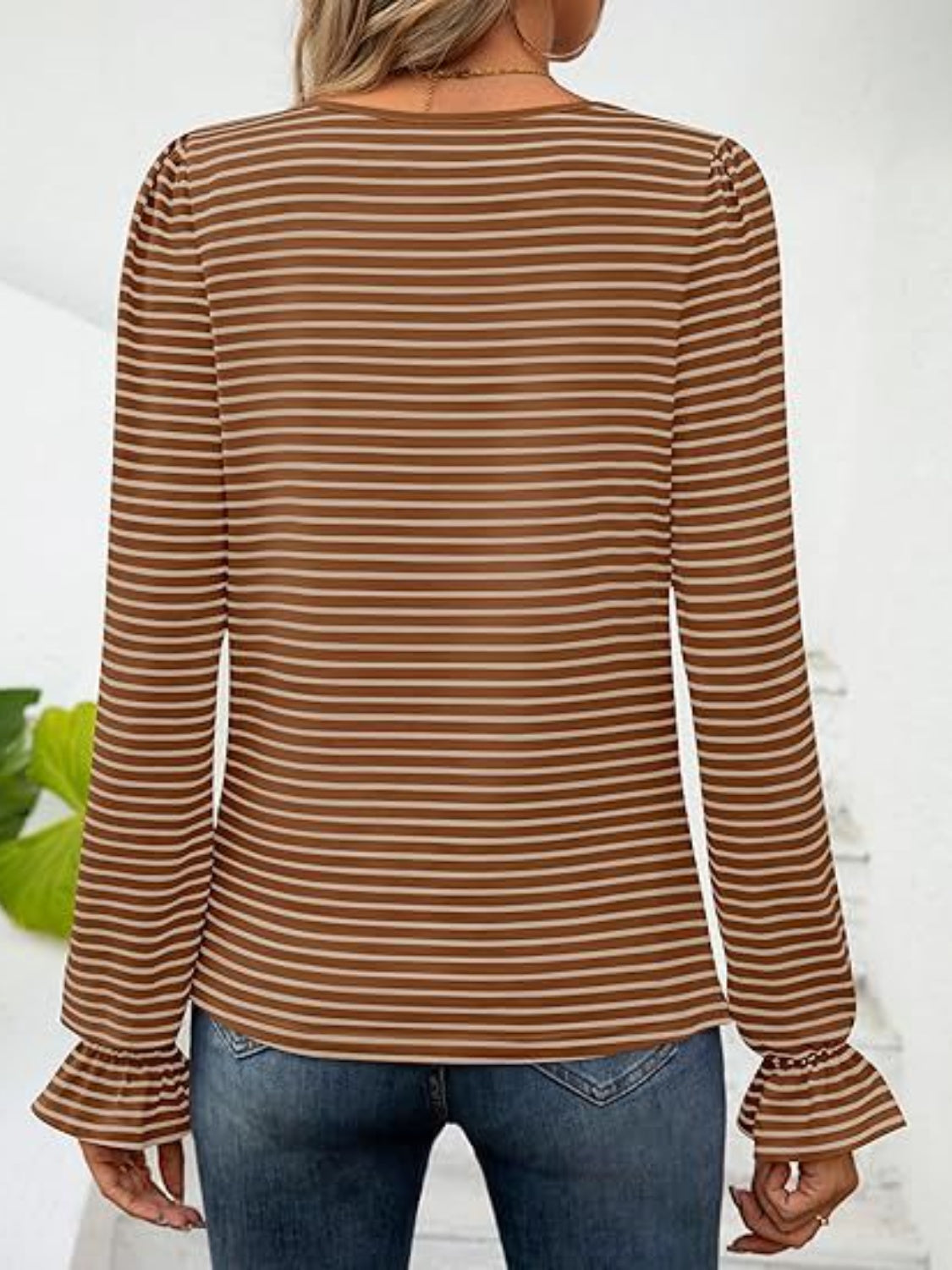 Striped Square Neck Flounce Sleeve Top | Trendy & Feminine Chic