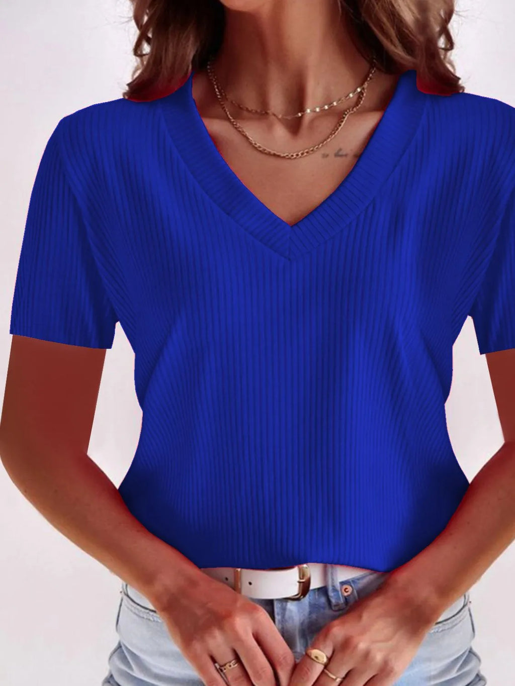 Full Size Solid V-Neck Short Sleeve T-Shirt Plus Size