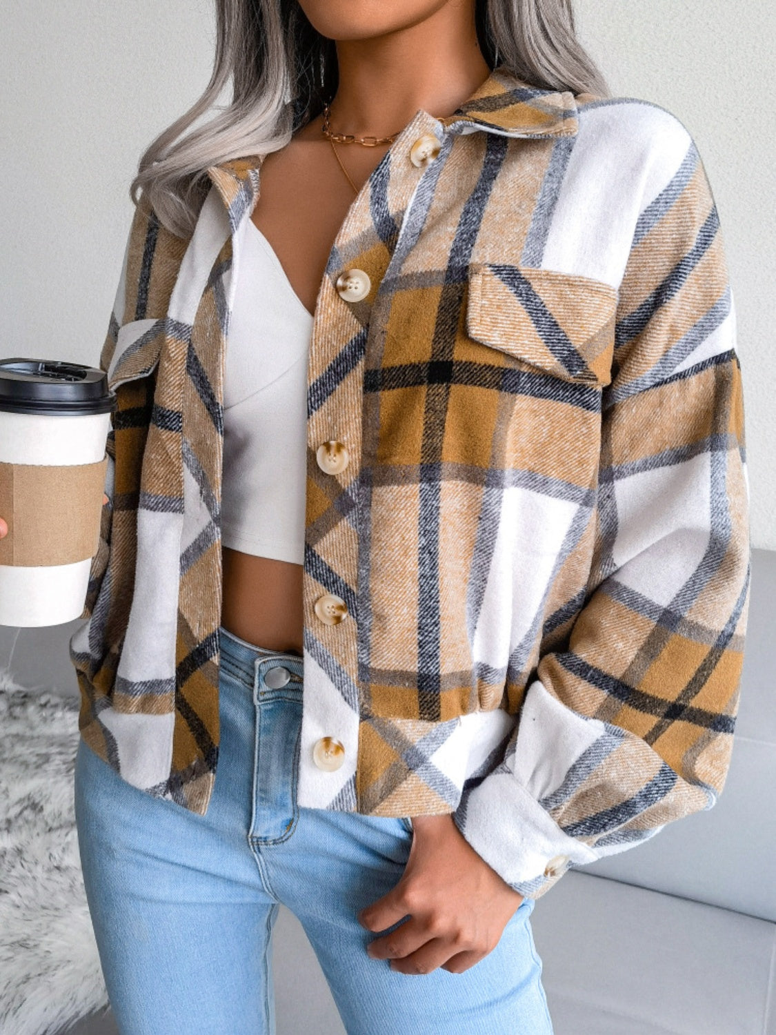 Plaid Collared Neck Long Sleeve Jacket | Timeless & Cozy Outerwear