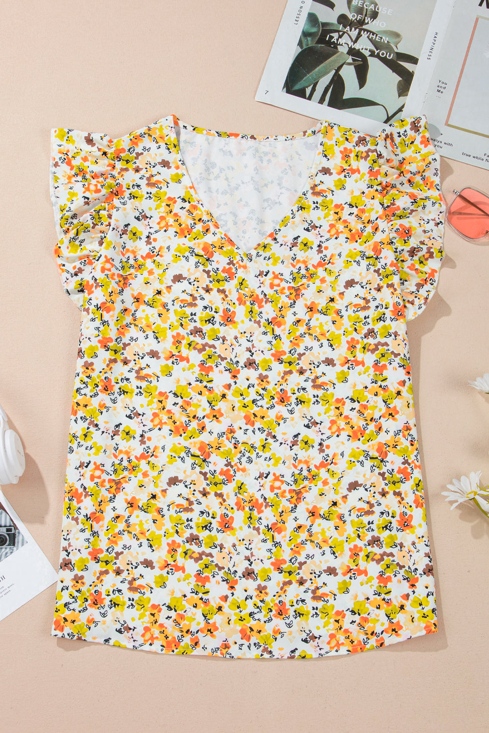 Green Floral Print Ruffle V Neck Short Sleeve Blouse