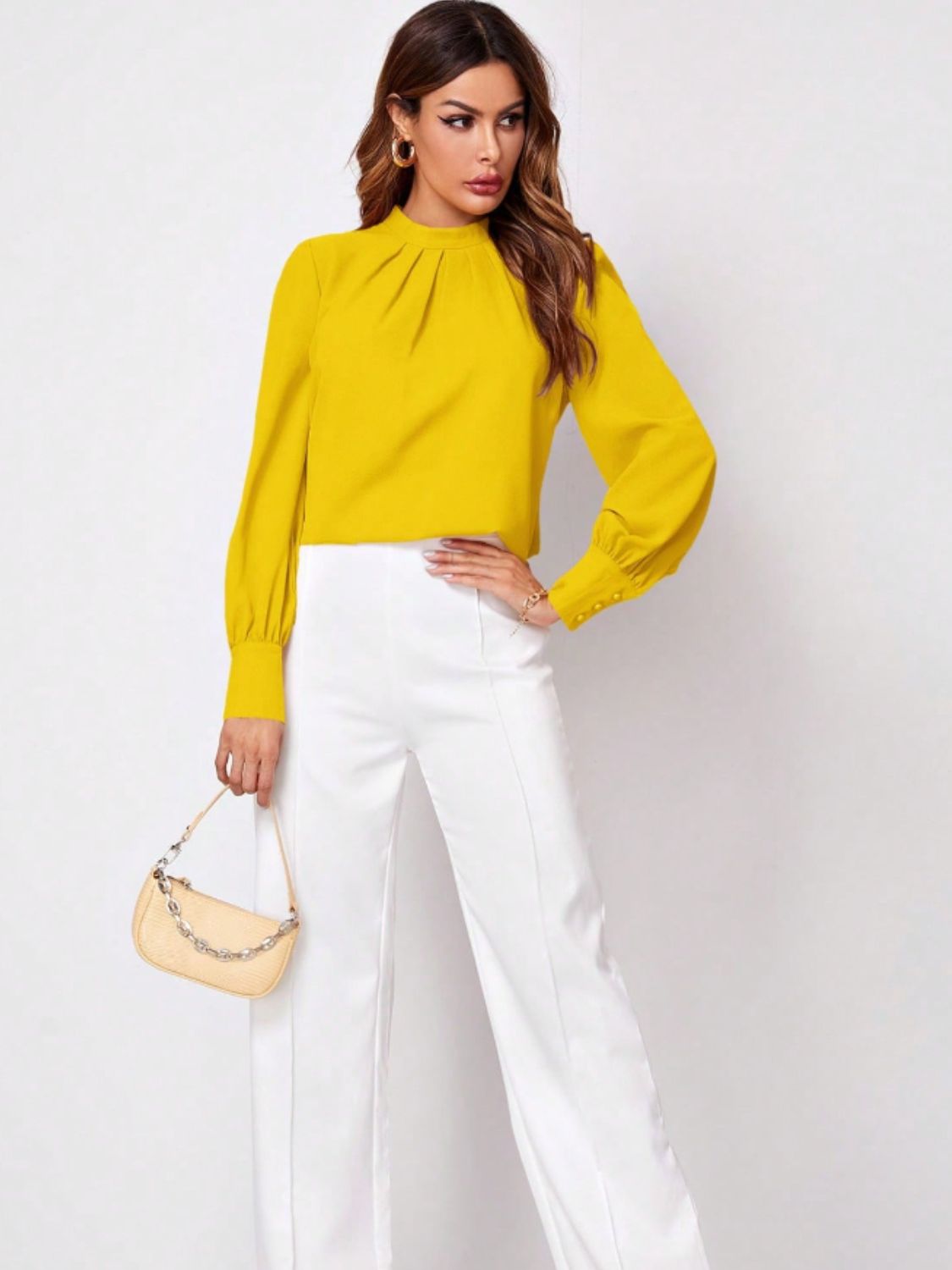 Ruched Mock Neck Long Sleeve Blouse | Elegant & Stylish Statement Piece