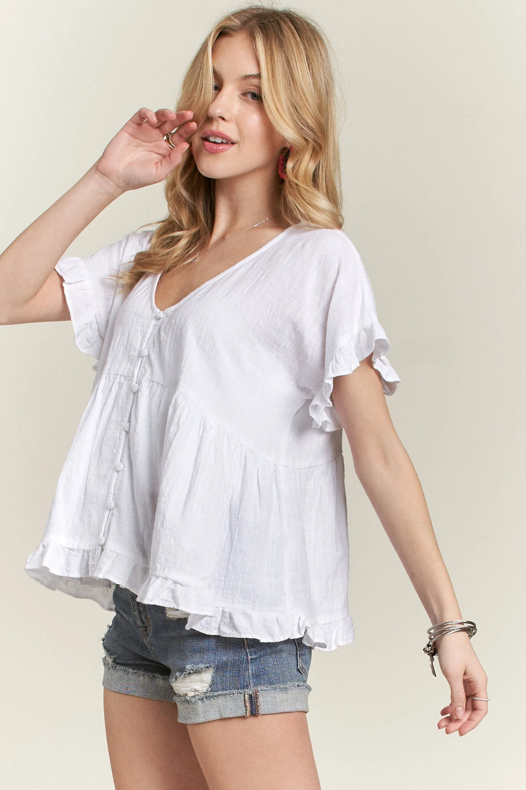 Button Down Ruffled Babydoll Blouse