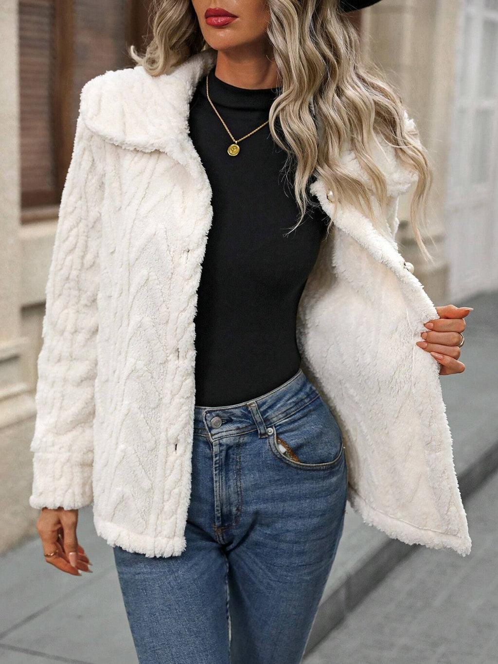 Fuzzy Texture Button-Up Collared Coat | Cozy & Chic Outerwear