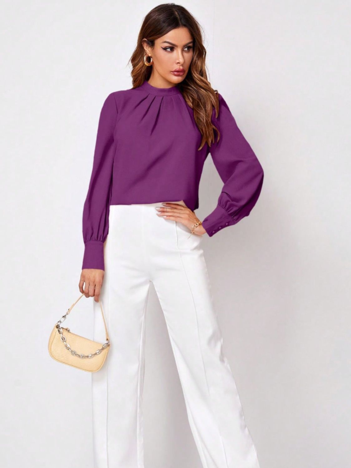 Ruched Mock Neck Long Sleeve Blouse | Elegant & Stylish Statement Piece