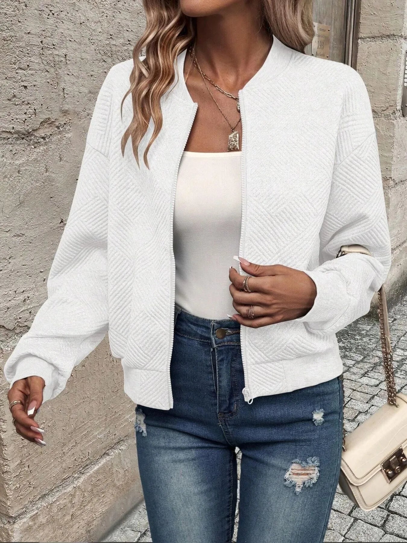 Zip-Up Textured Long Sleeve Jacket