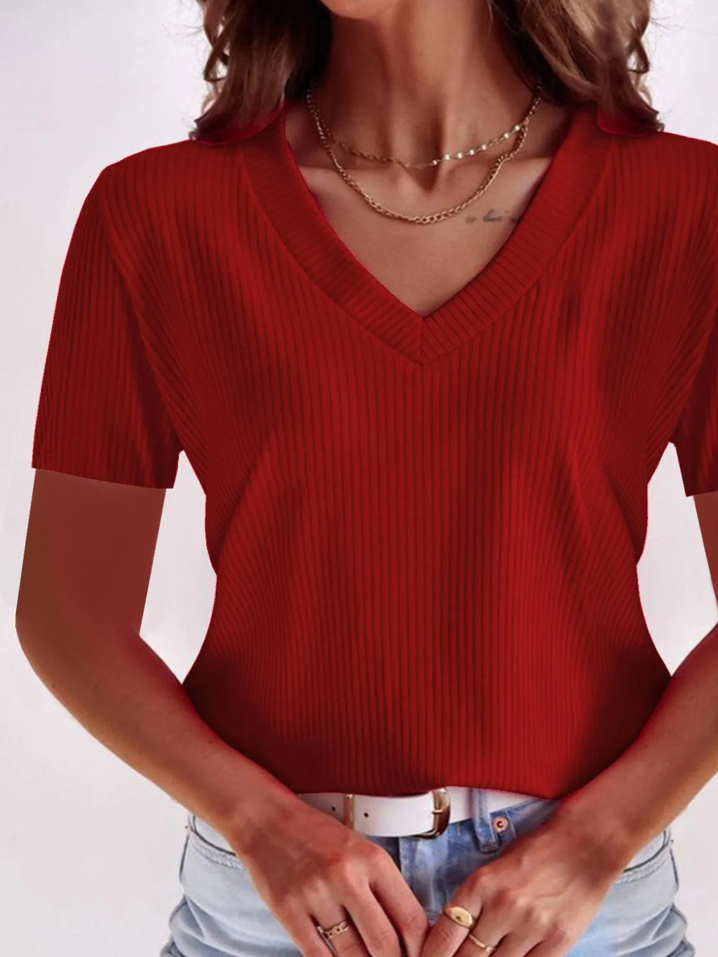 Full Size Solid V-Neck Short Sleeve T-Shirt Plus Size