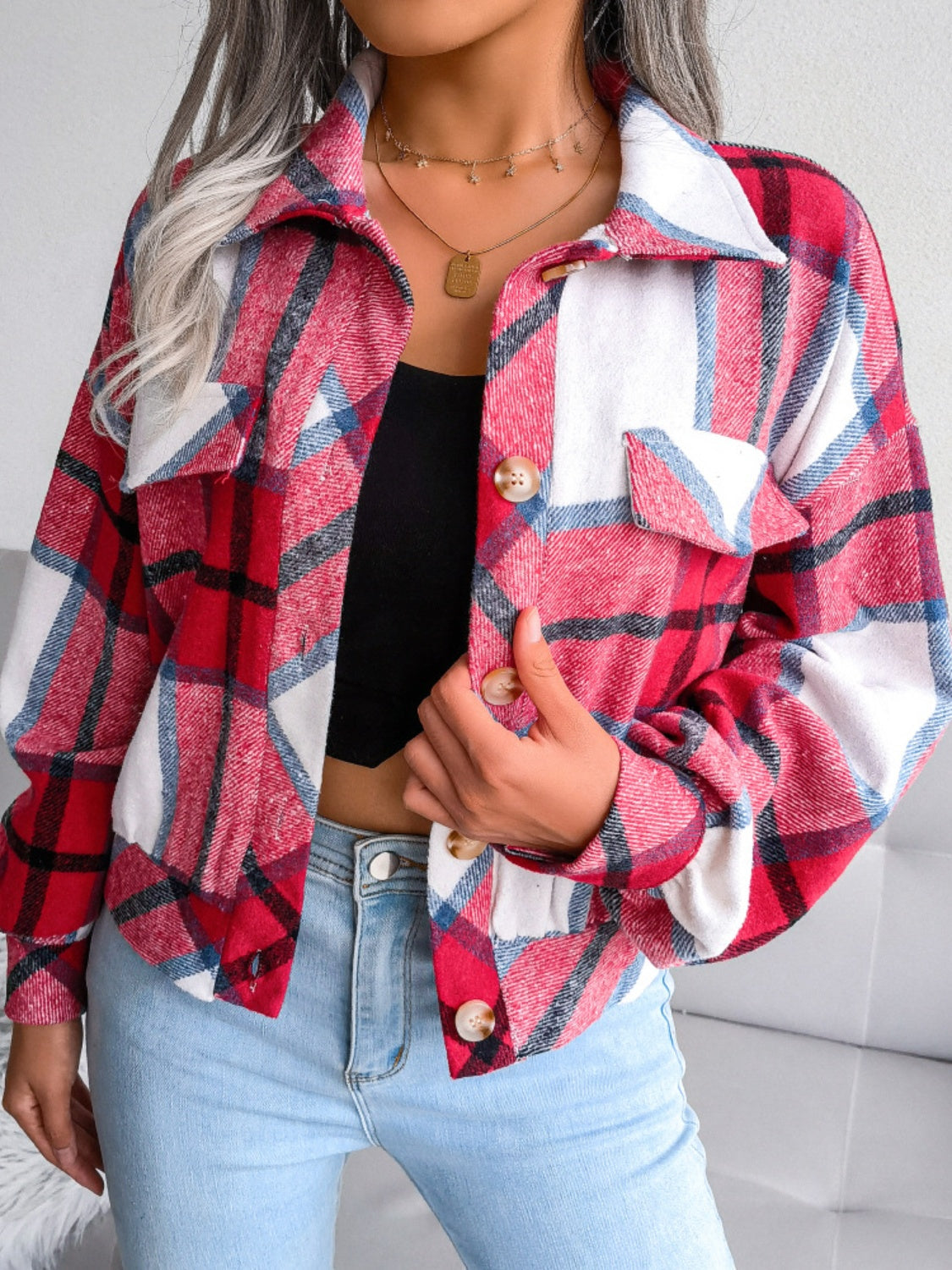 Plaid Collared Neck Long Sleeve Jacket | Timeless & Cozy Outerwear