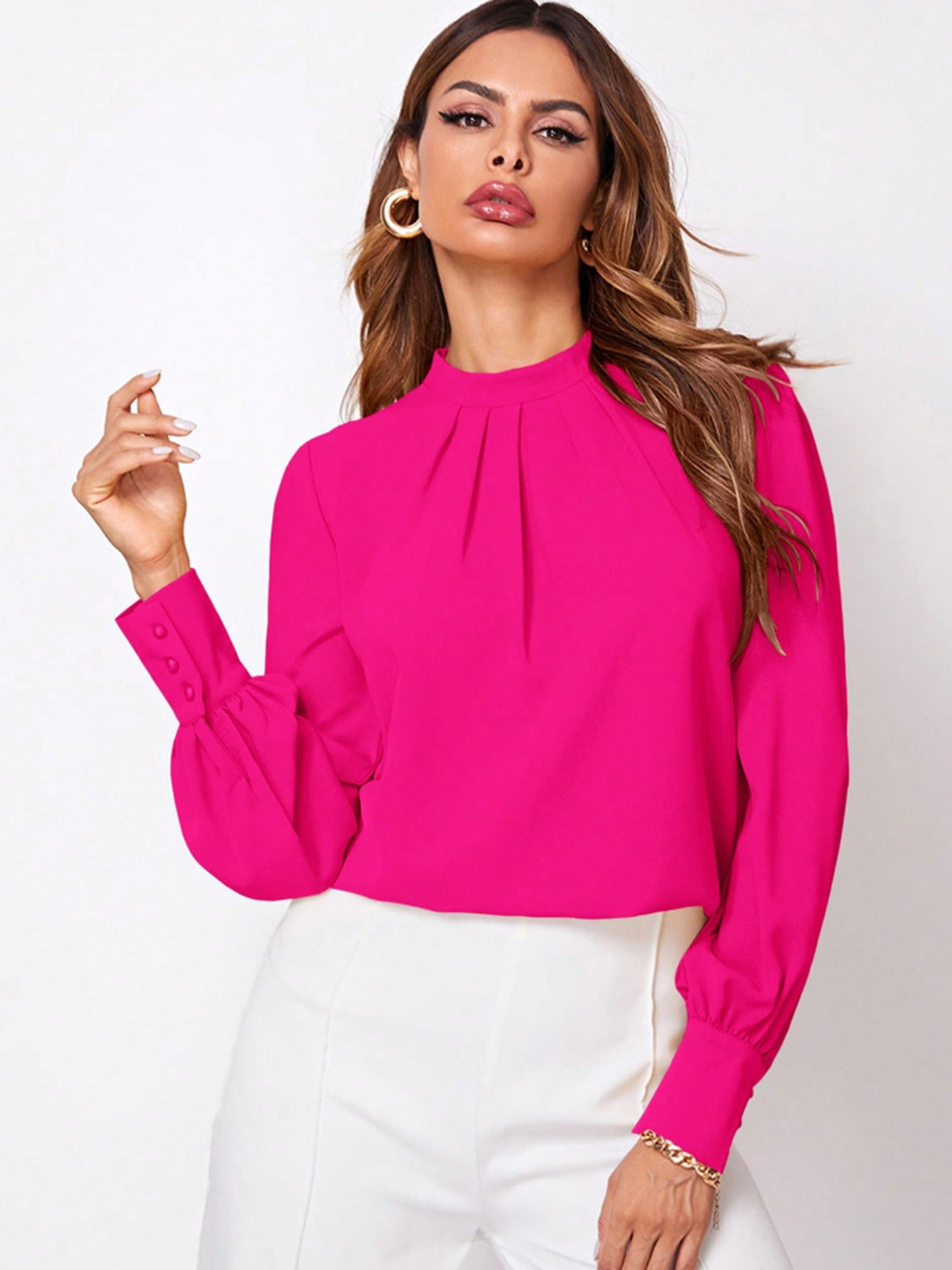 Ruched Mock Neck Long Sleeve Blouse | Elegant & Stylish Statement Piece
