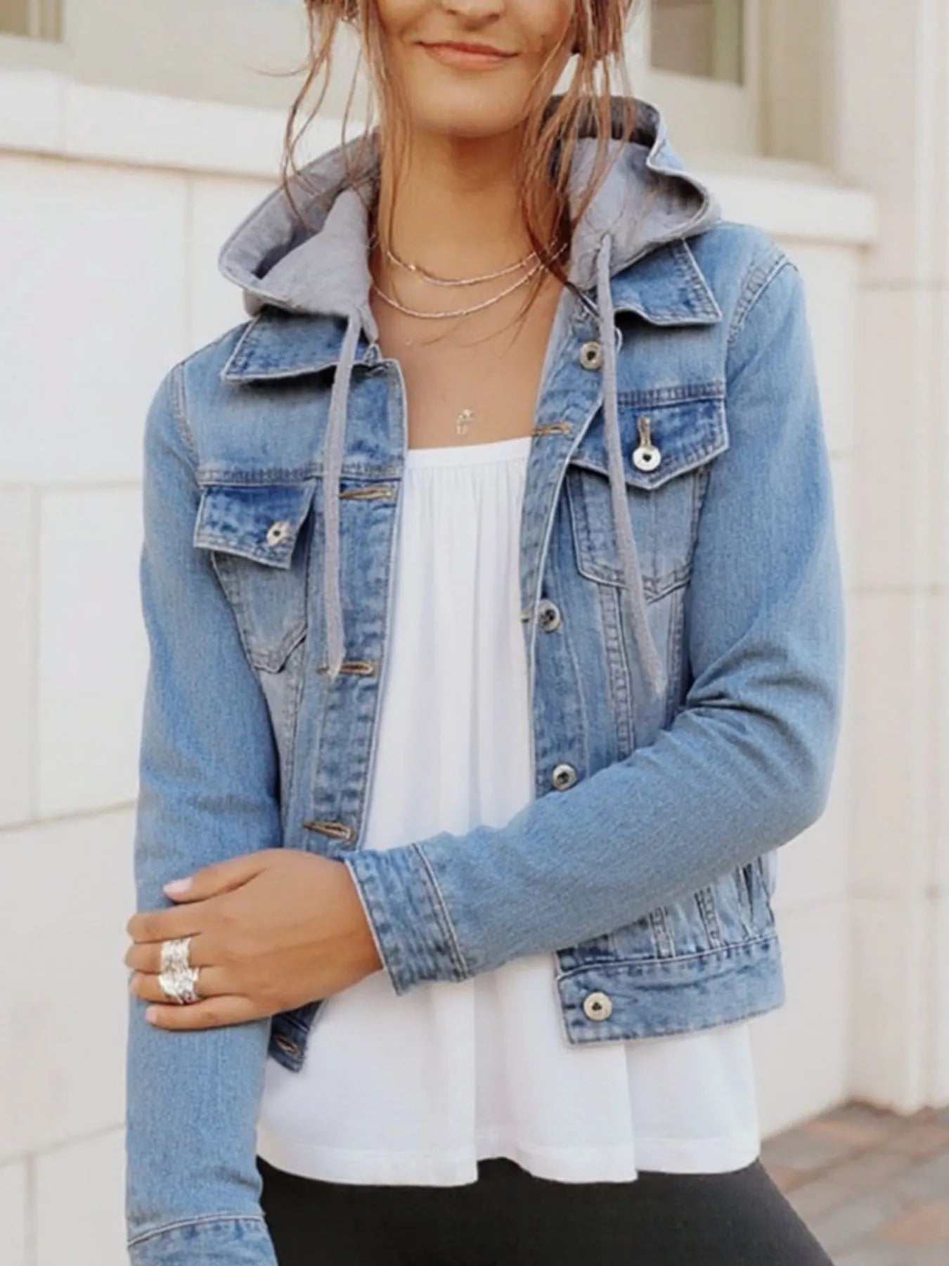 Full Size Button Up Drawstring Hooded Denim Jacket Plus Size