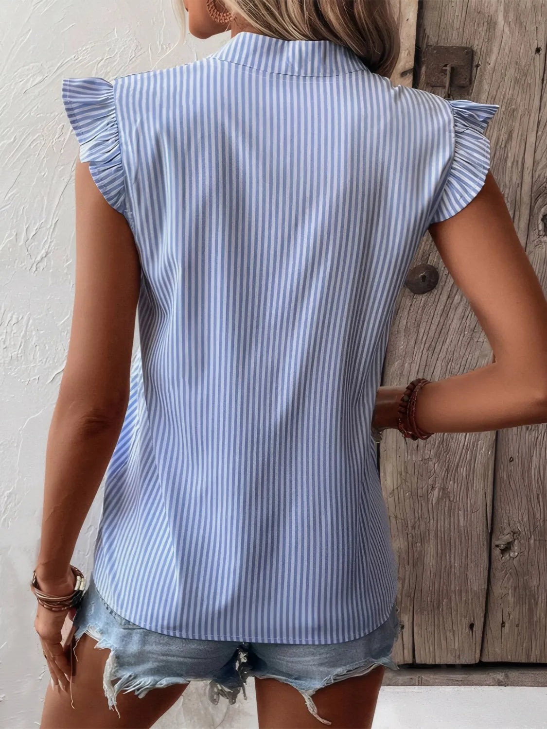 Striped Notched Cap Sleeve Blouse