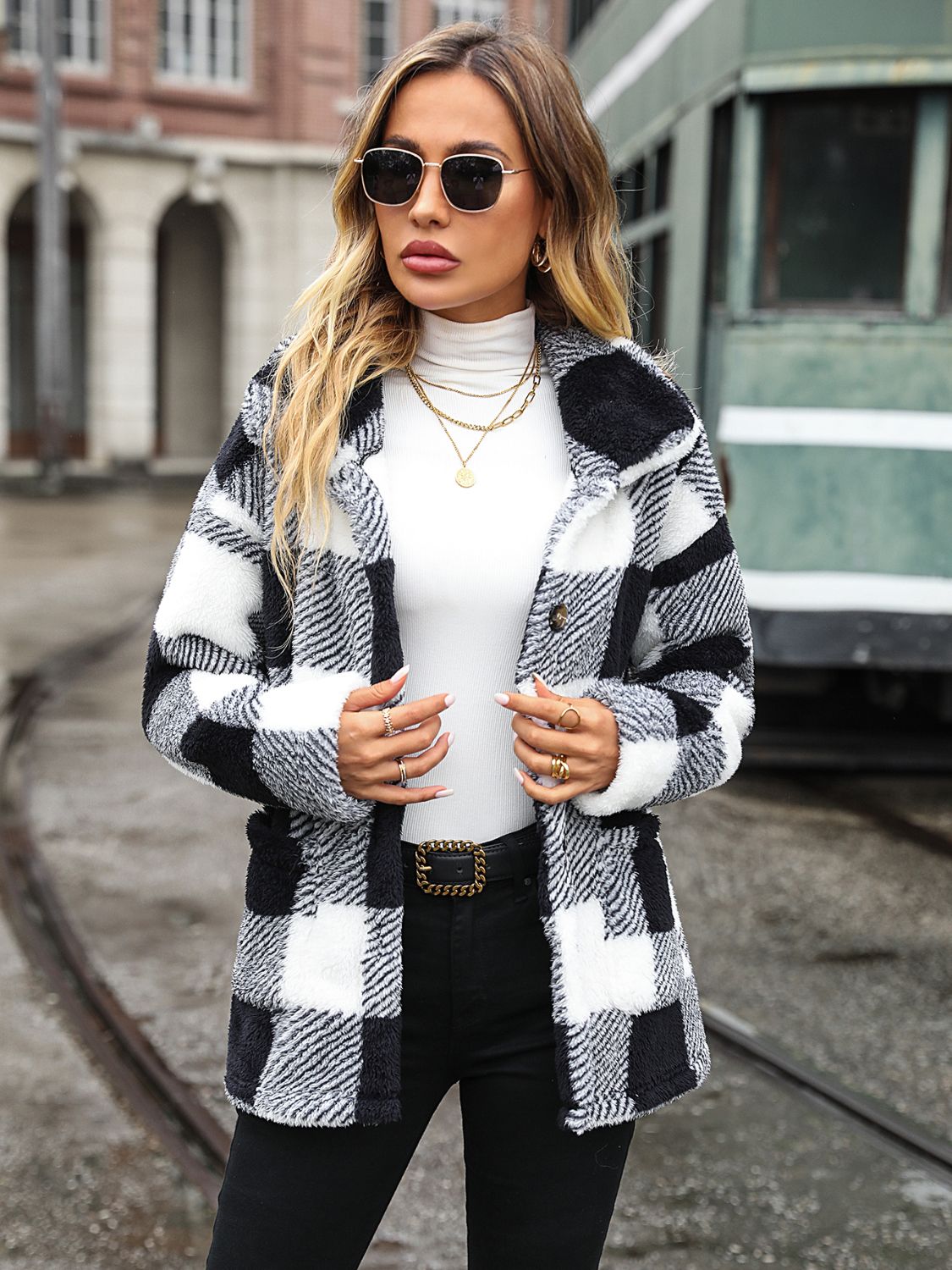 Plaid Collared Neck Button-Down Jacket | Trendy & Cozy Outerwear