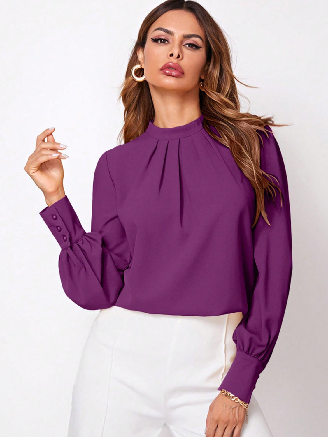 Ruched Mock Neck Long Sleeve Blouse | Elegant & Stylish Statement Piece