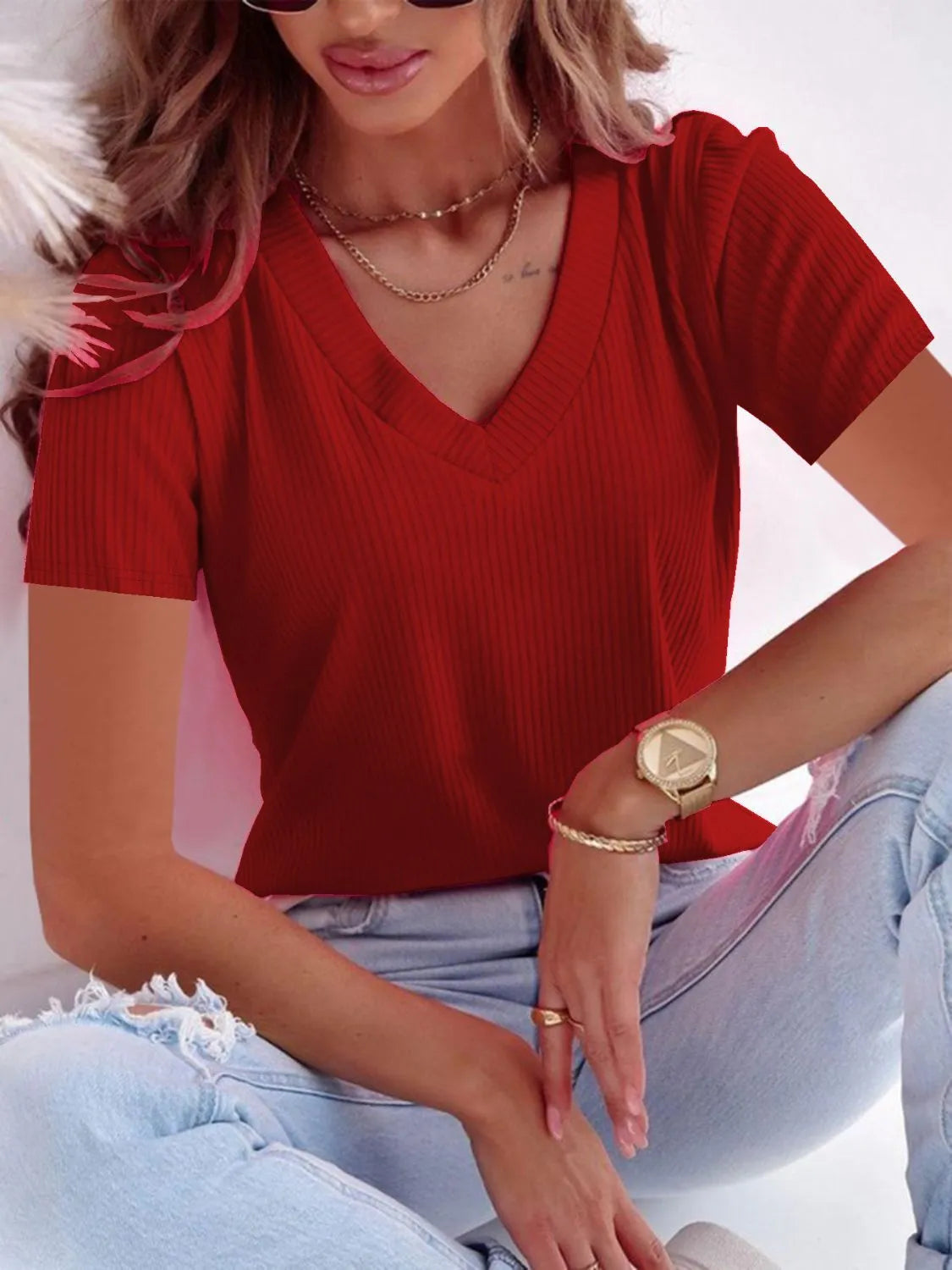 Full Size Solid V-Neck Short Sleeve T-Shirt Plus Size