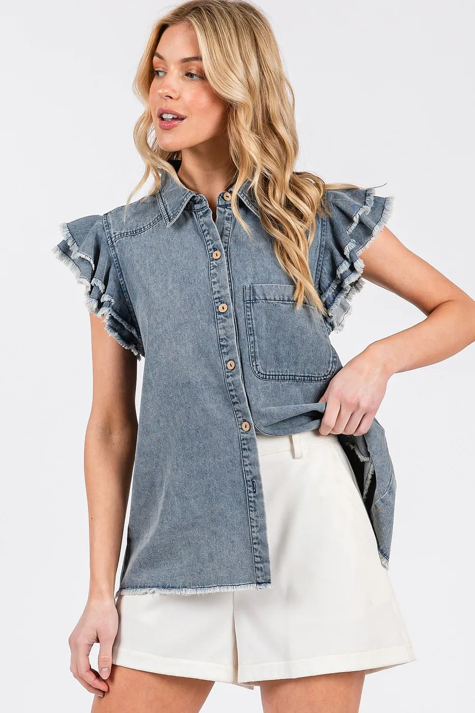 Mittoshop Washed Denim Ruffle Short Sleeve Collared Shirt