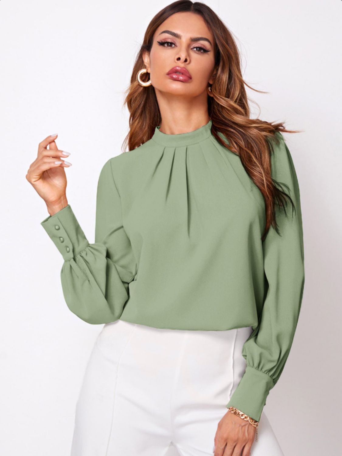 Ruched Mock Neck Long Sleeve Blouse | Elegant & Stylish Statement Piece