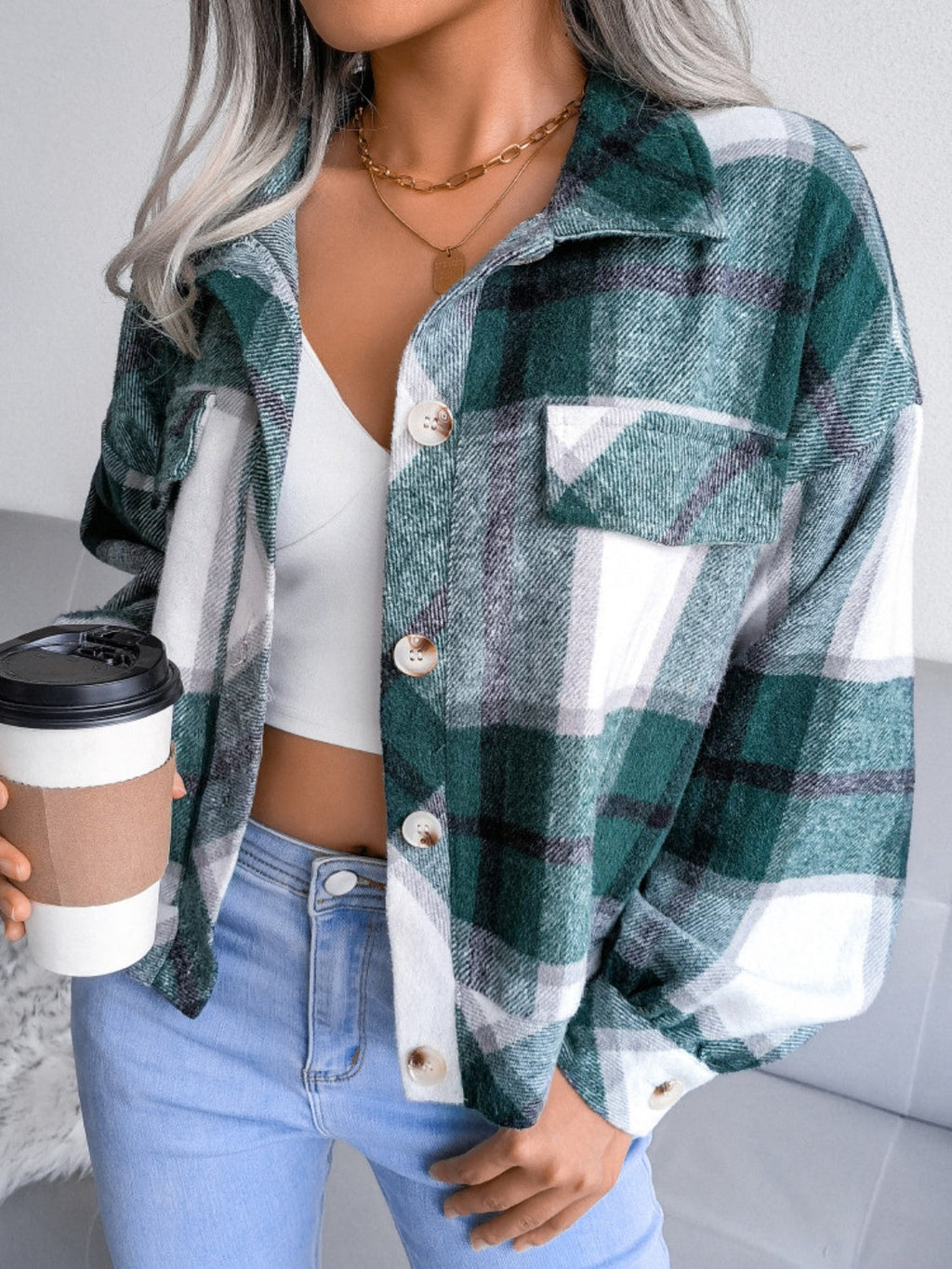 Plaid Collared Neck Long Sleeve Jacket | Timeless & Cozy Outerwear