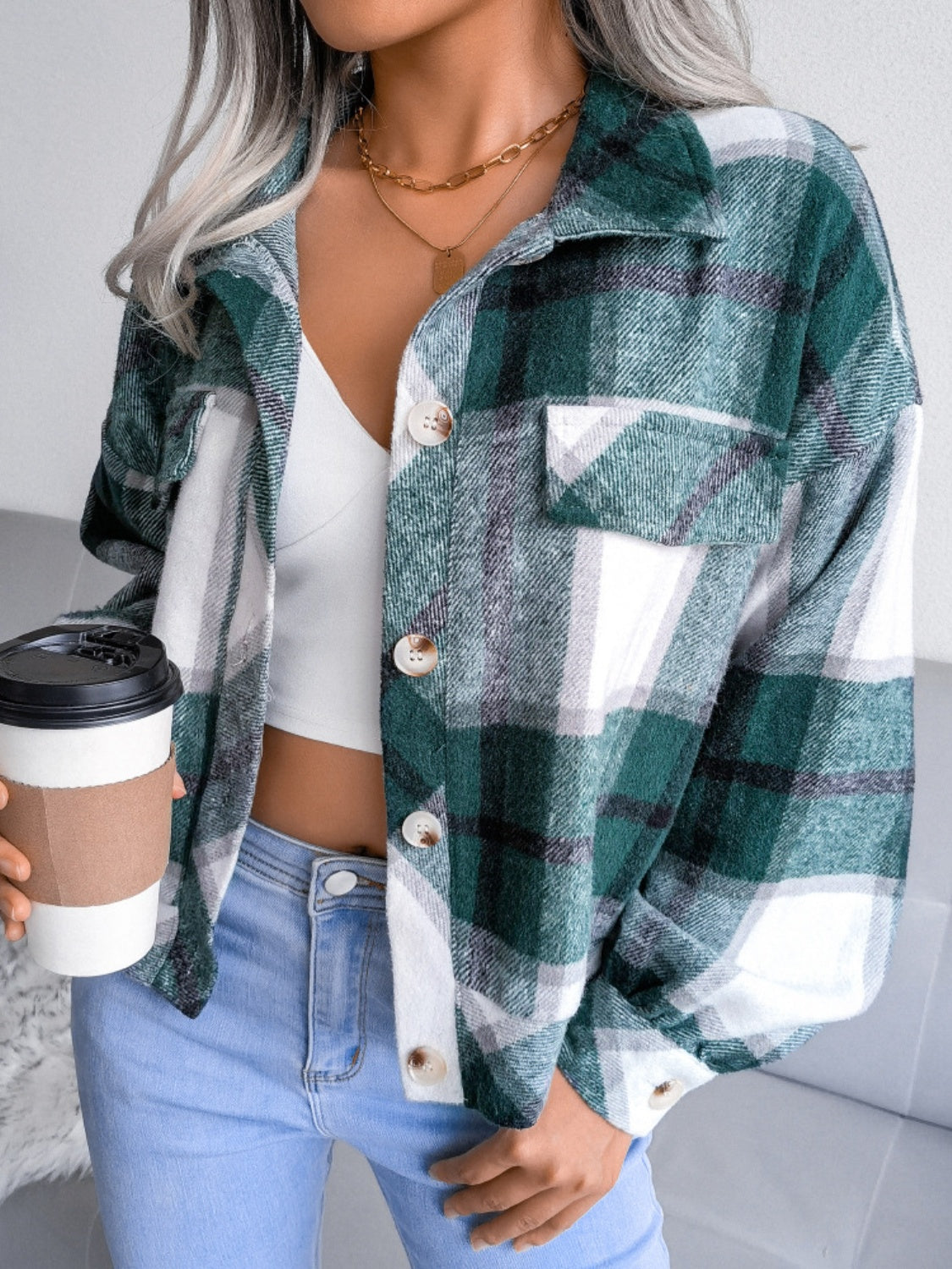 Plaid Collared Neck Long Sleeve Jacket | Timeless & Cozy Outerwear