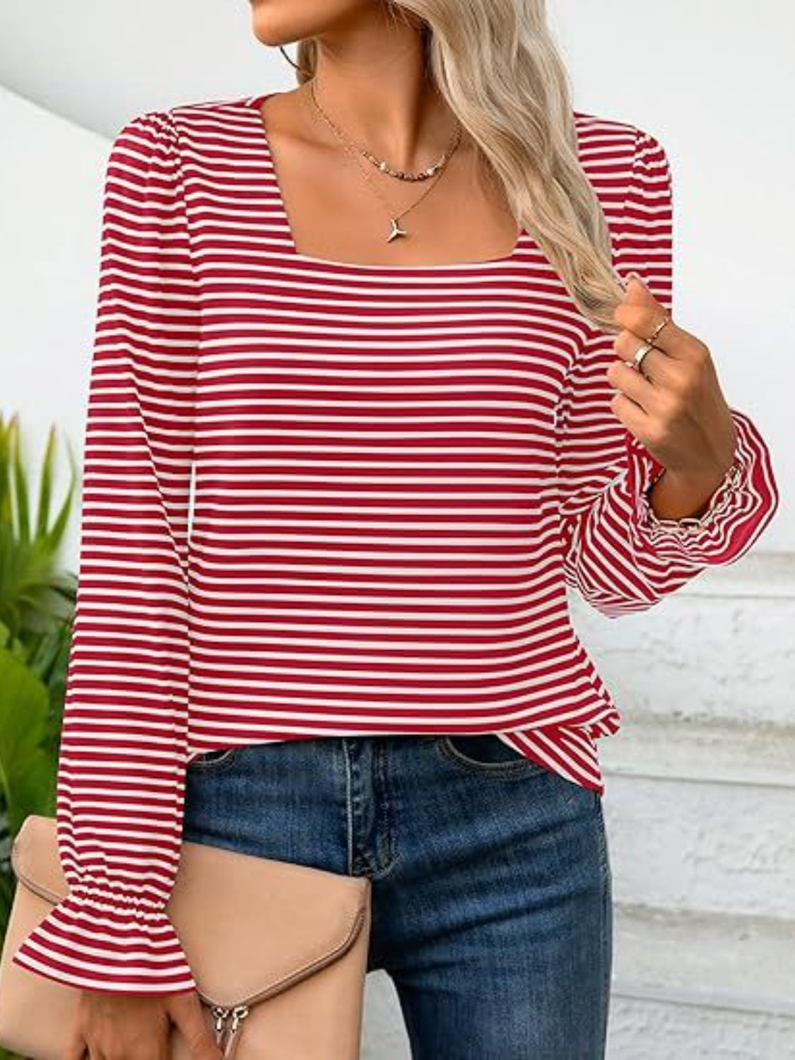 Striped Square Neck Flounce Sleeve Top | Trendy & Feminine Chic